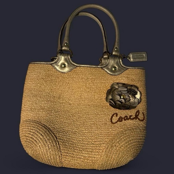 VINTAGE Coach Straw Tote Bag Gold Leather Handles Summer Bag